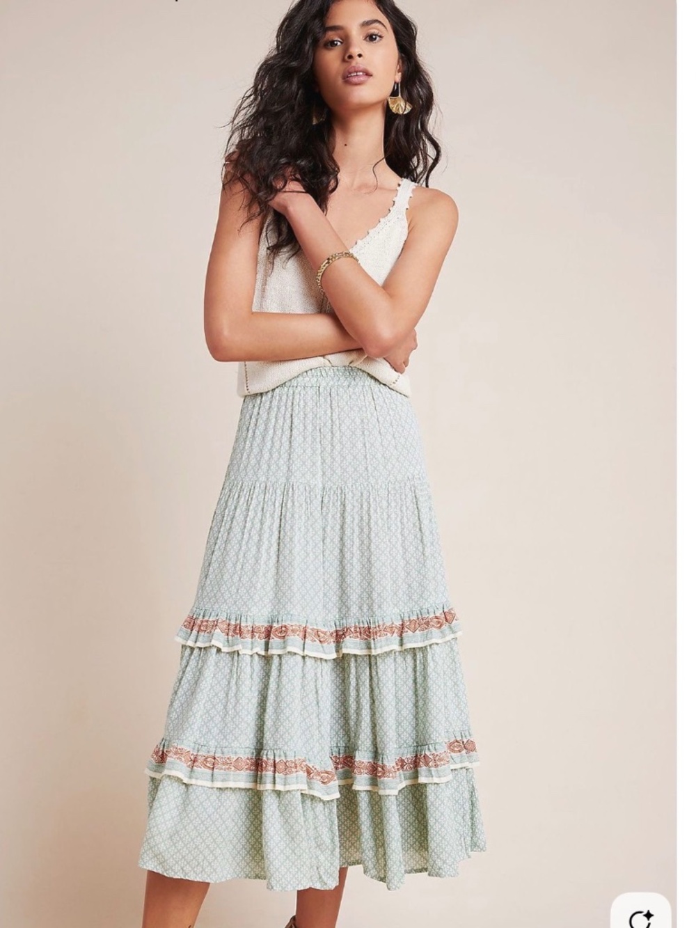 Anthropologie Beachgold Jocelyn Tiered Midi Skirt Green Pattern NWOT SZ M